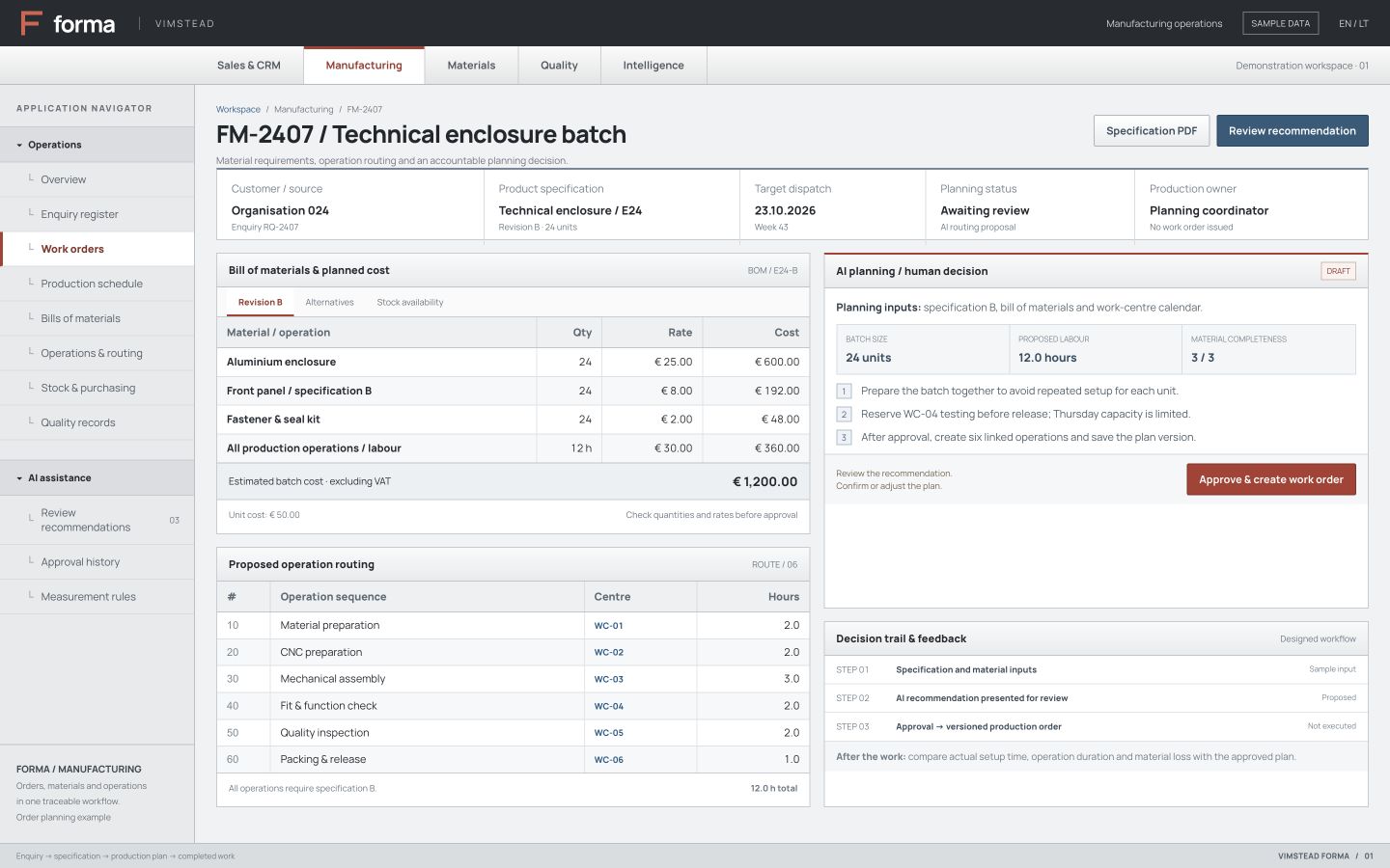 Forma order-planning example with materials, operation routing and planner review