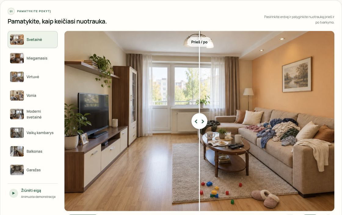 Tvarku.lt photo-comparison workspace showing a living room before and after editing