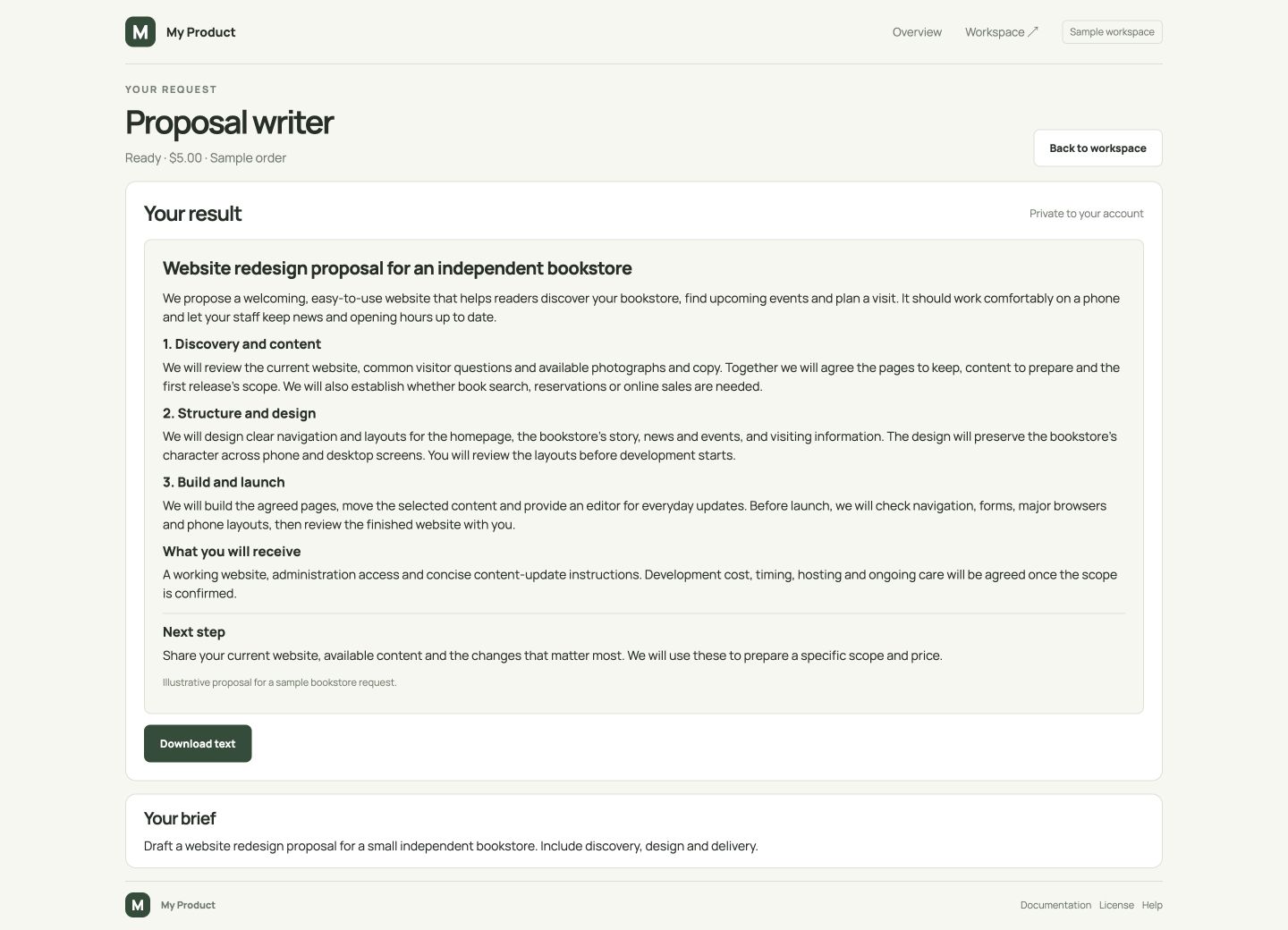 Vimstead Kit customer workspace example with a complete proposal for an independent bookstore website