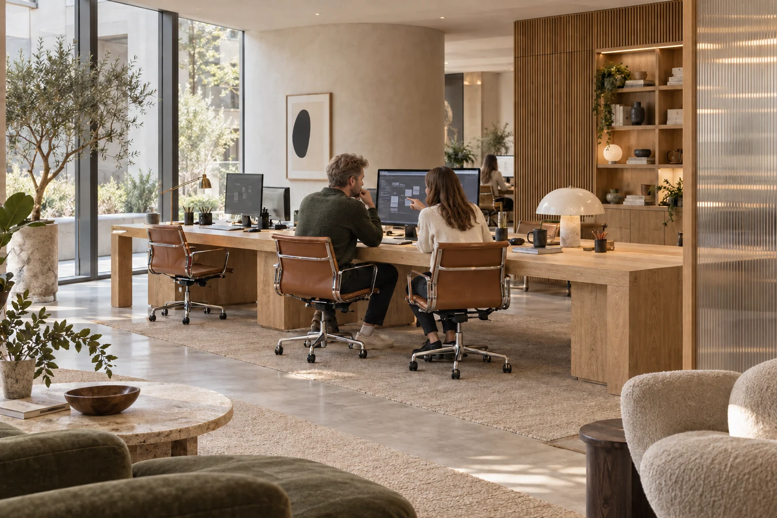 Two professionals reviewing a workflow at an oak desk beside a fluted glass partition in a warm modern office.