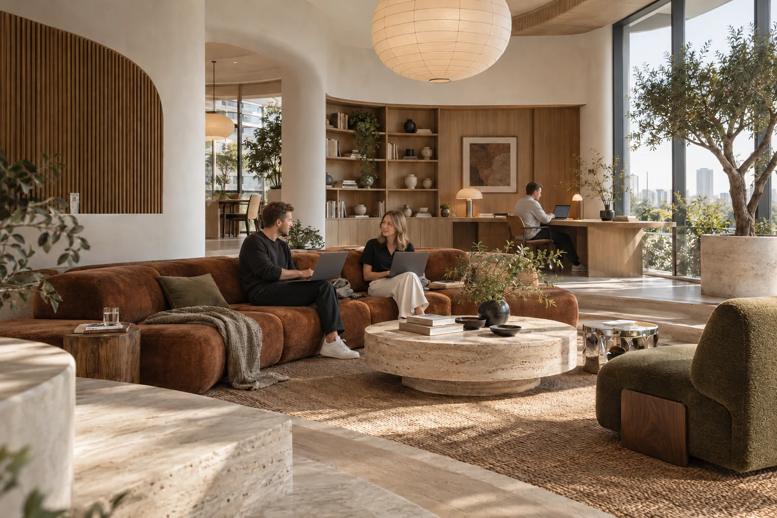 Colleagues reviewing a product in a warm office lounge with a low rust-coloured sofa, oak shelving and a travertine table.