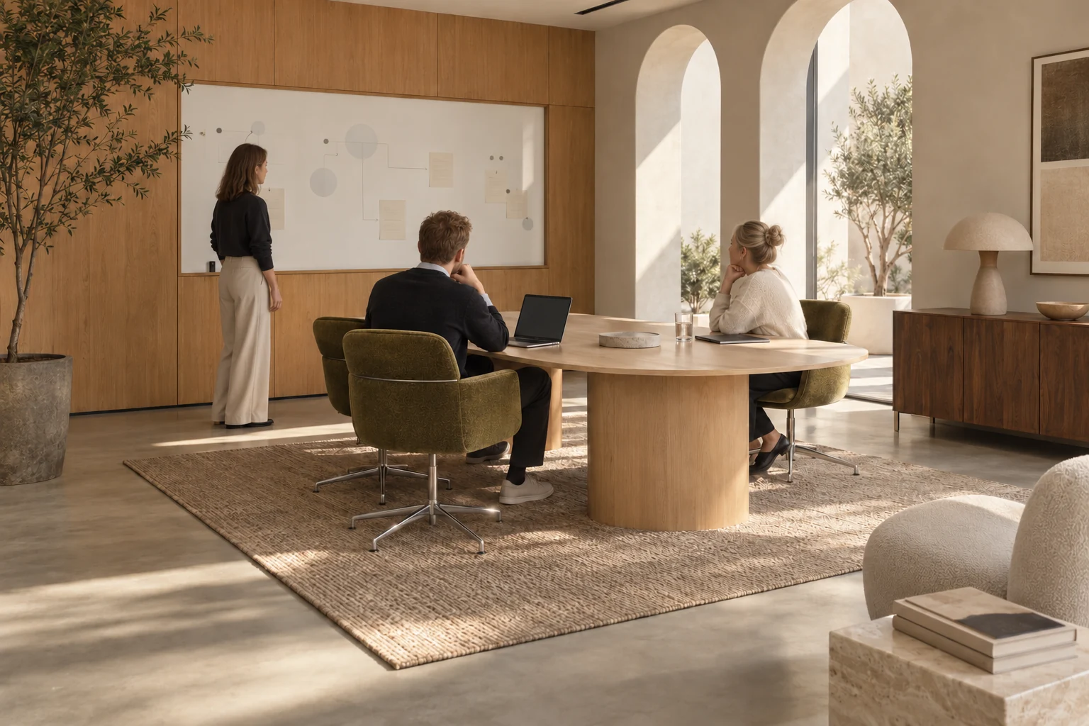 Colleagues planning a workflow beside a board integrated into an oak wall in a softly lit office project room.
