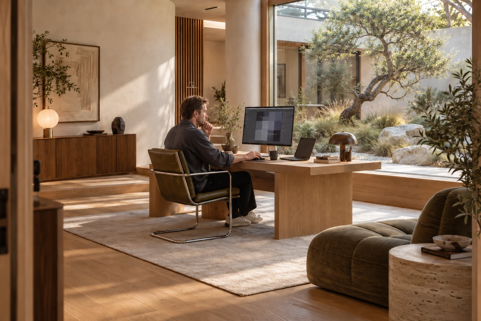 A developer working on an interface at a minimal desk overlooking a planted courtyard.