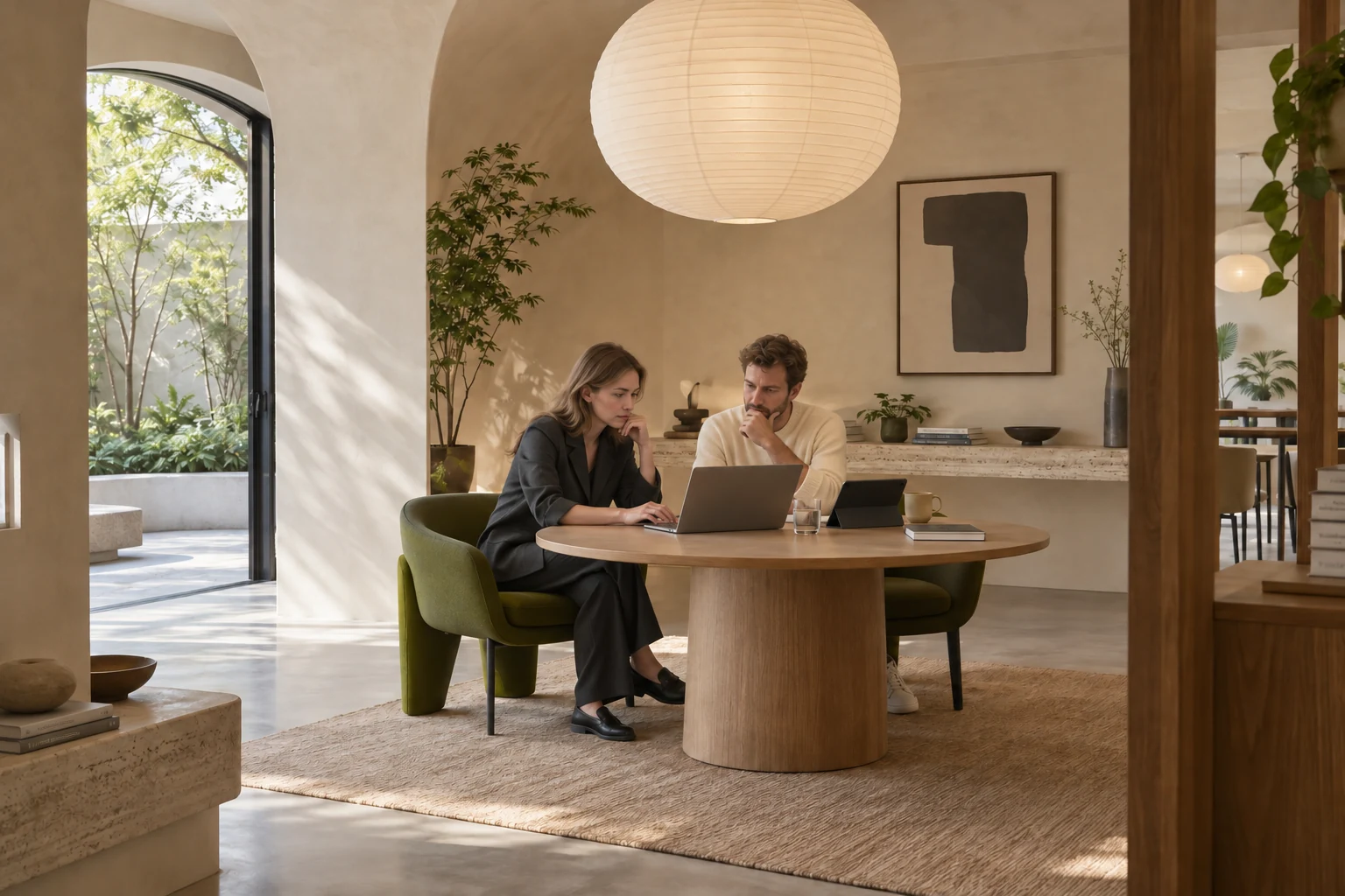 Two professionals reviewing a digital service at a round oak desk beneath a paper pendant in a warm plaster alcove.