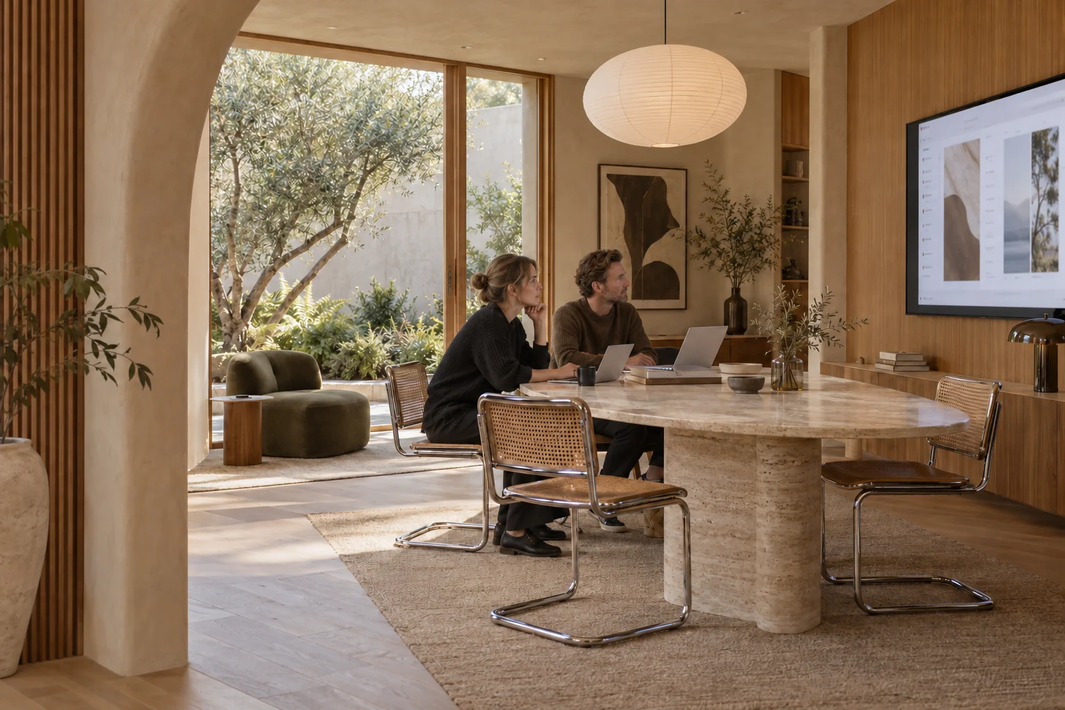 Two colleagues reviewing software in an oak-framed project room with a curved plaster doorway and an oval stone table.
