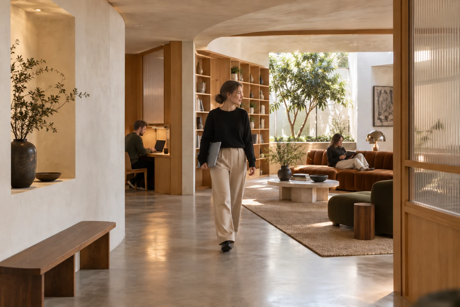 People working in an office with sculptural plaster walls, oak reading nooks and a caramel-coloured lounge sofa.