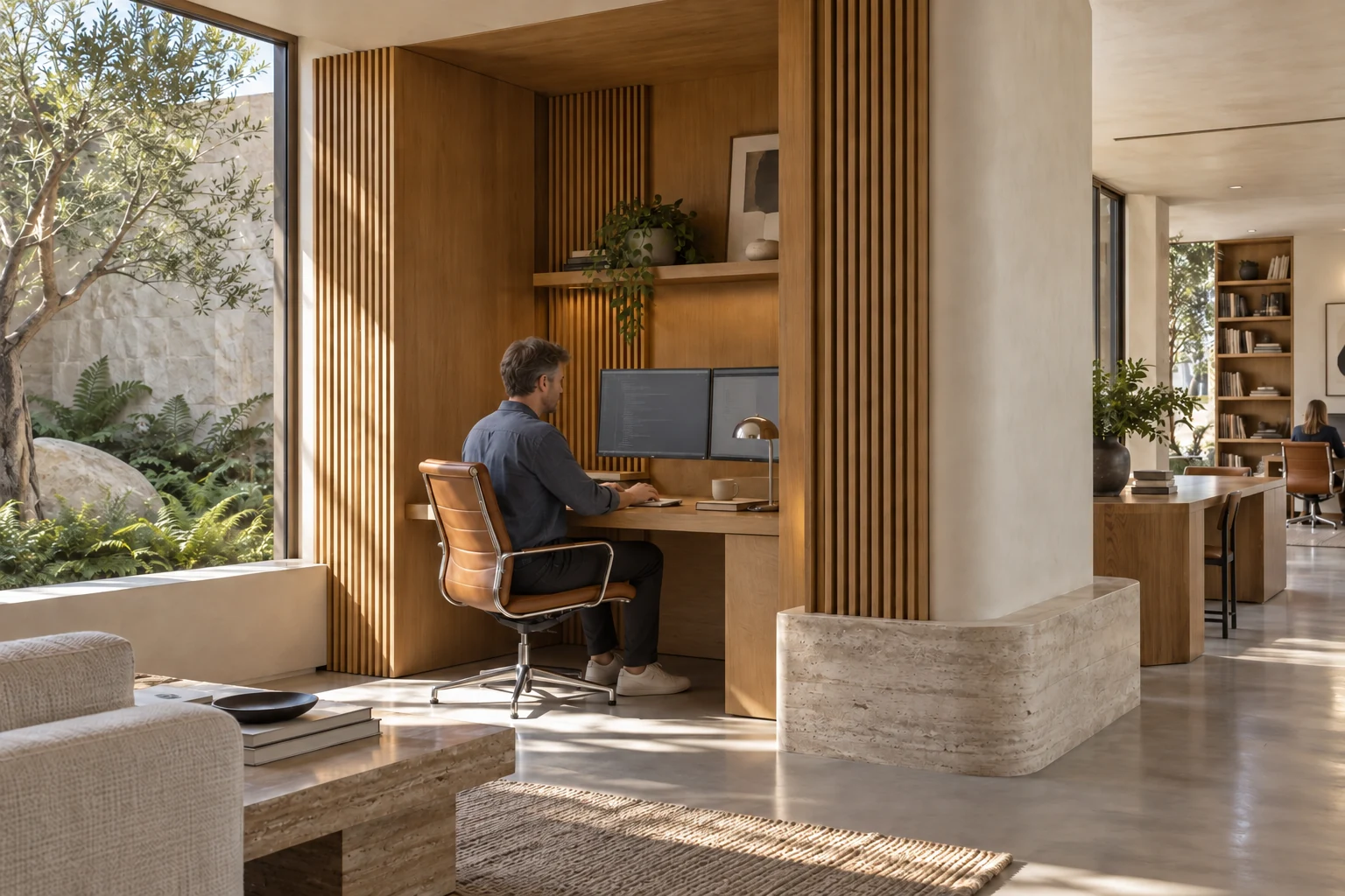 An engineer working at monitors in a quiet research nook with oak slats, a walnut desk and a chrome task lamp.