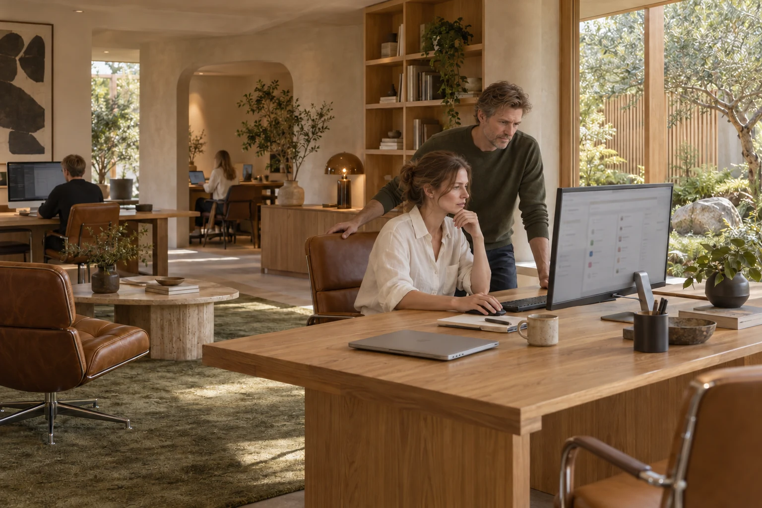 Colleagues discussing a project in an office with oak shelves and an amber glass light.