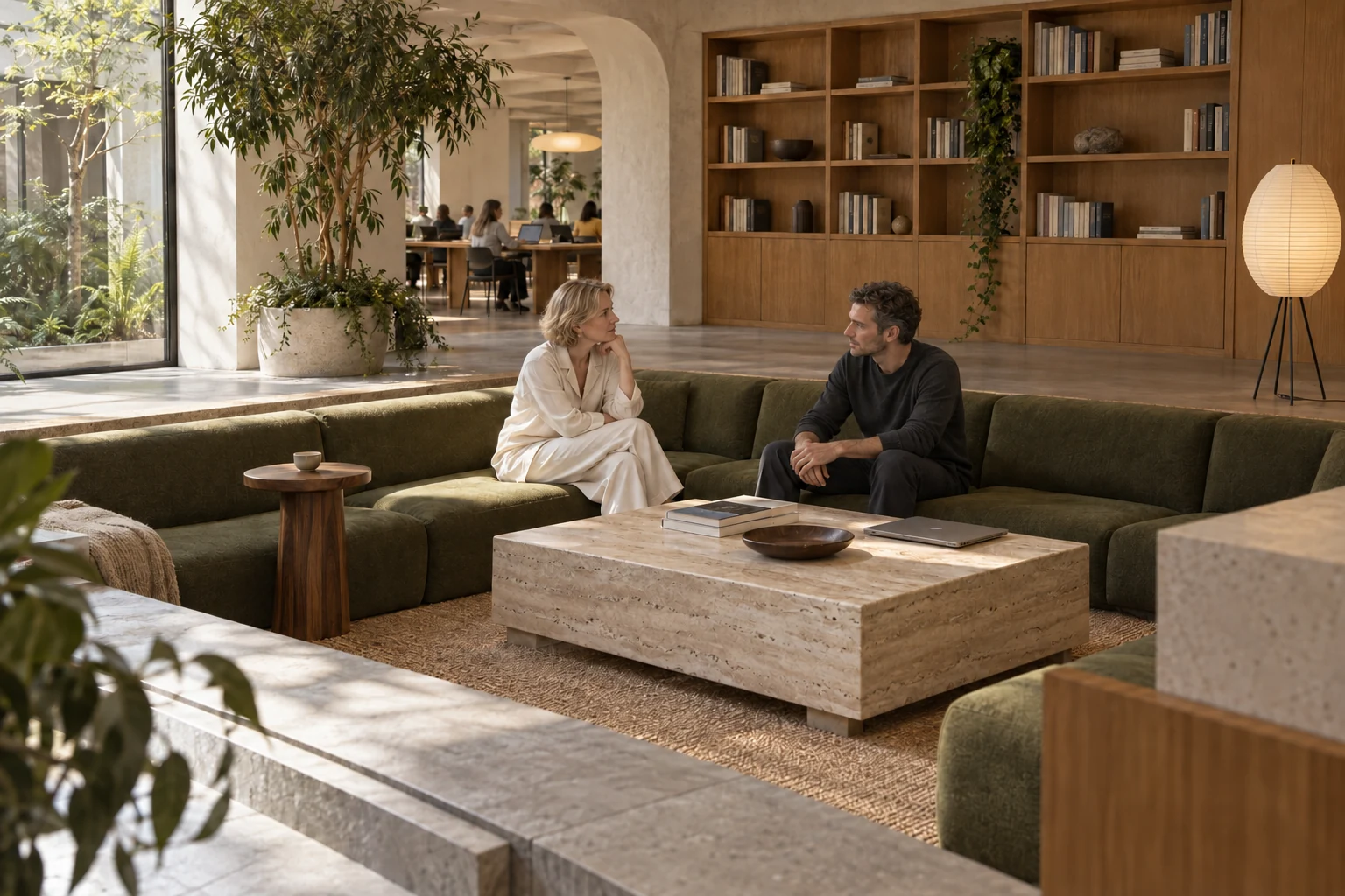 Two people discussing an idea in an office lounge with low olive seating, a travertine table and wooden shelving.